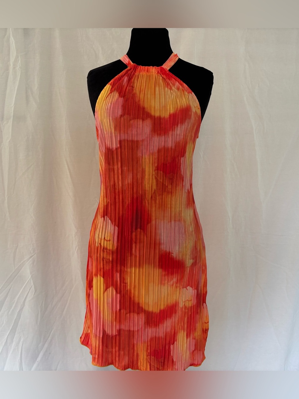 Y2K Watercolor Sunset Tie Dye Pleated Halter Halter Dress Resort Vacation XL